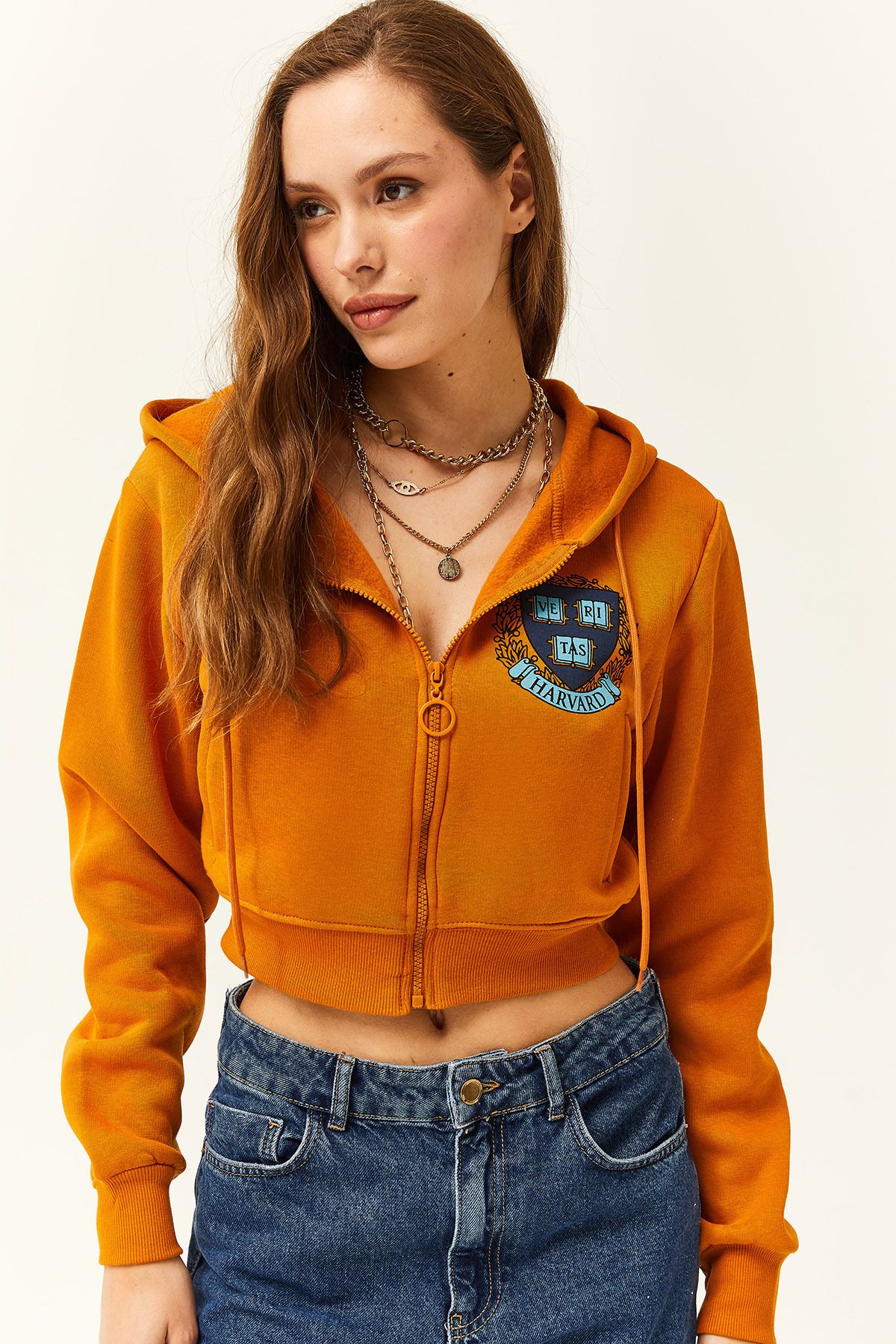 Olalook Women's Mustard Pocket Inside Fleece Crop Zipper Sweatshirt -  Trendyol