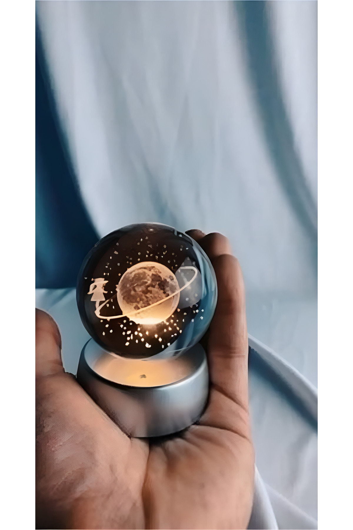 GÜZELYÜZ AVM Satürn Kristal Kız Küre Renk Değiştiren Işıklı Pilli Cam Küre 3D Hediye Yılbaşı