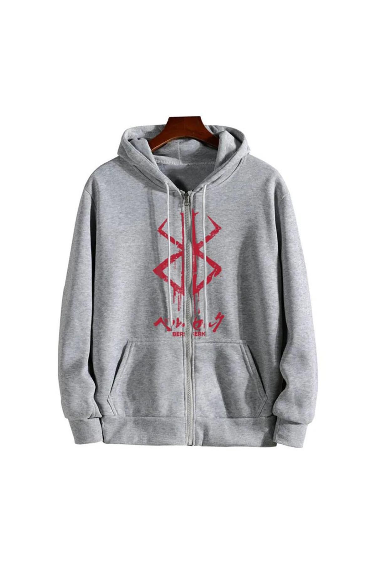 Touz-Cardigan cu glugă unisex gri cu fermoar supradimensionat imprimat cu logo Küt Küt Berserk 2