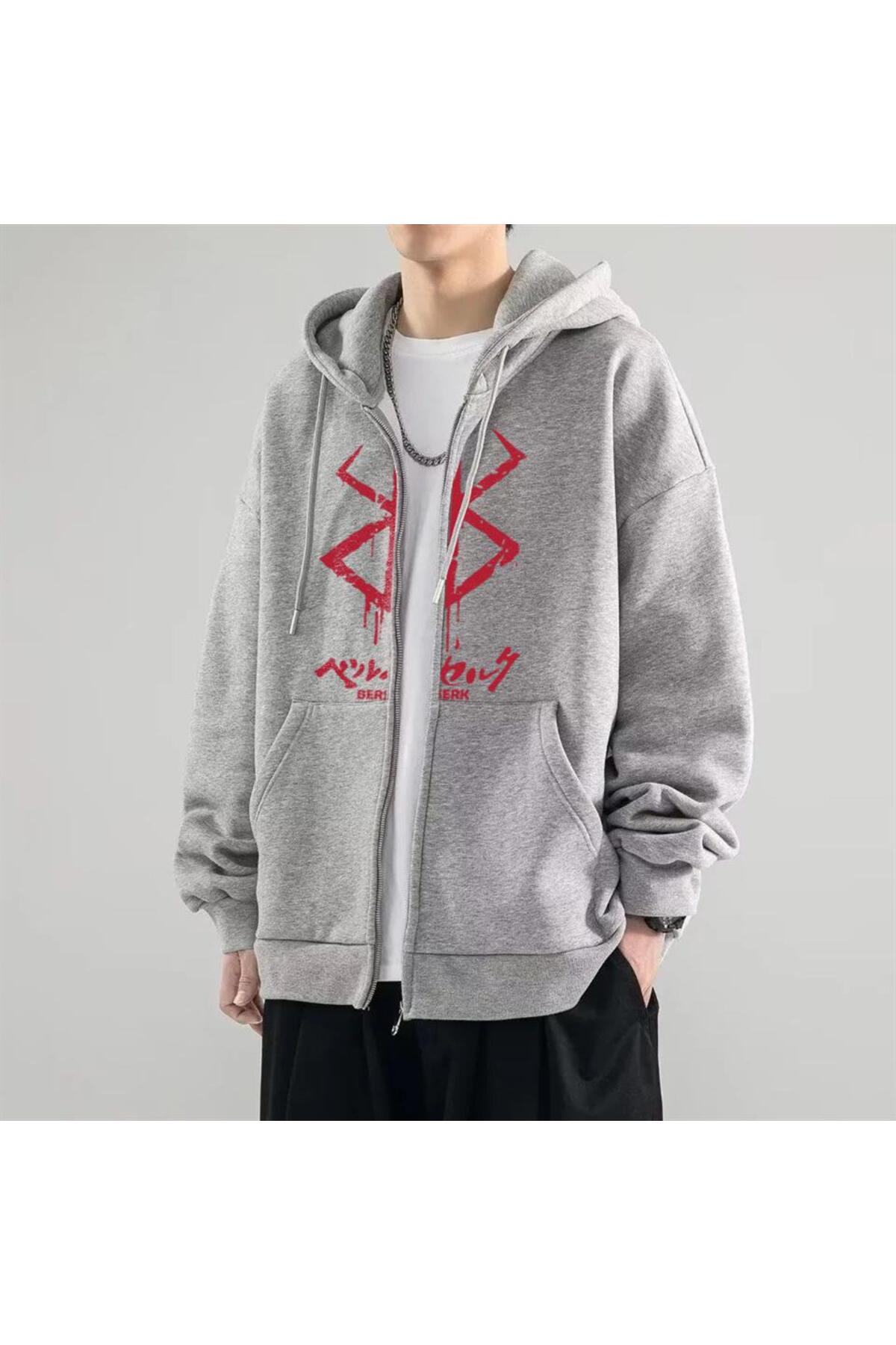 Touz Berserk Logo Baskılı Oversize Fermuarlı Gri Unisex Kapüşonlu