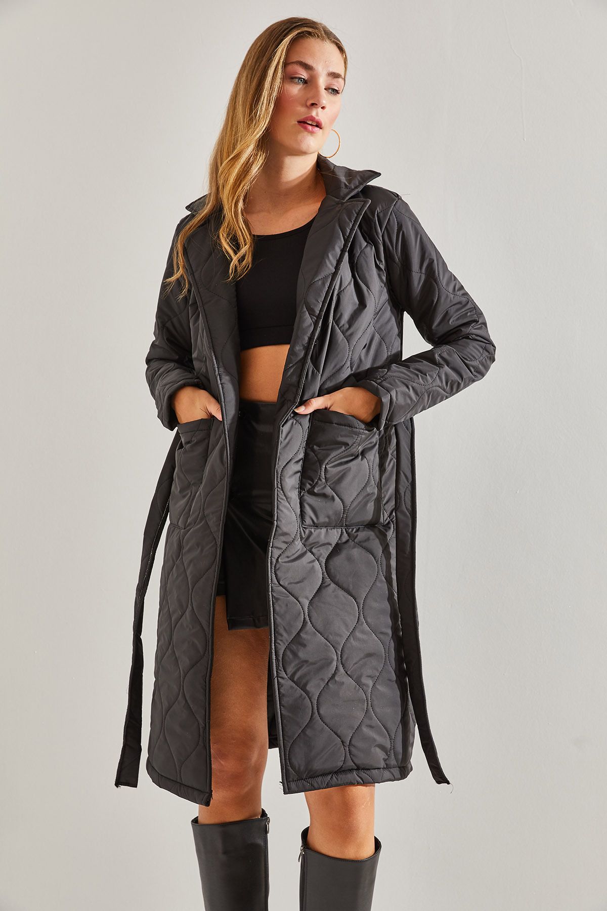Bianco Lucci Women s Double Pocket Belted Quilted Coat Trendyol