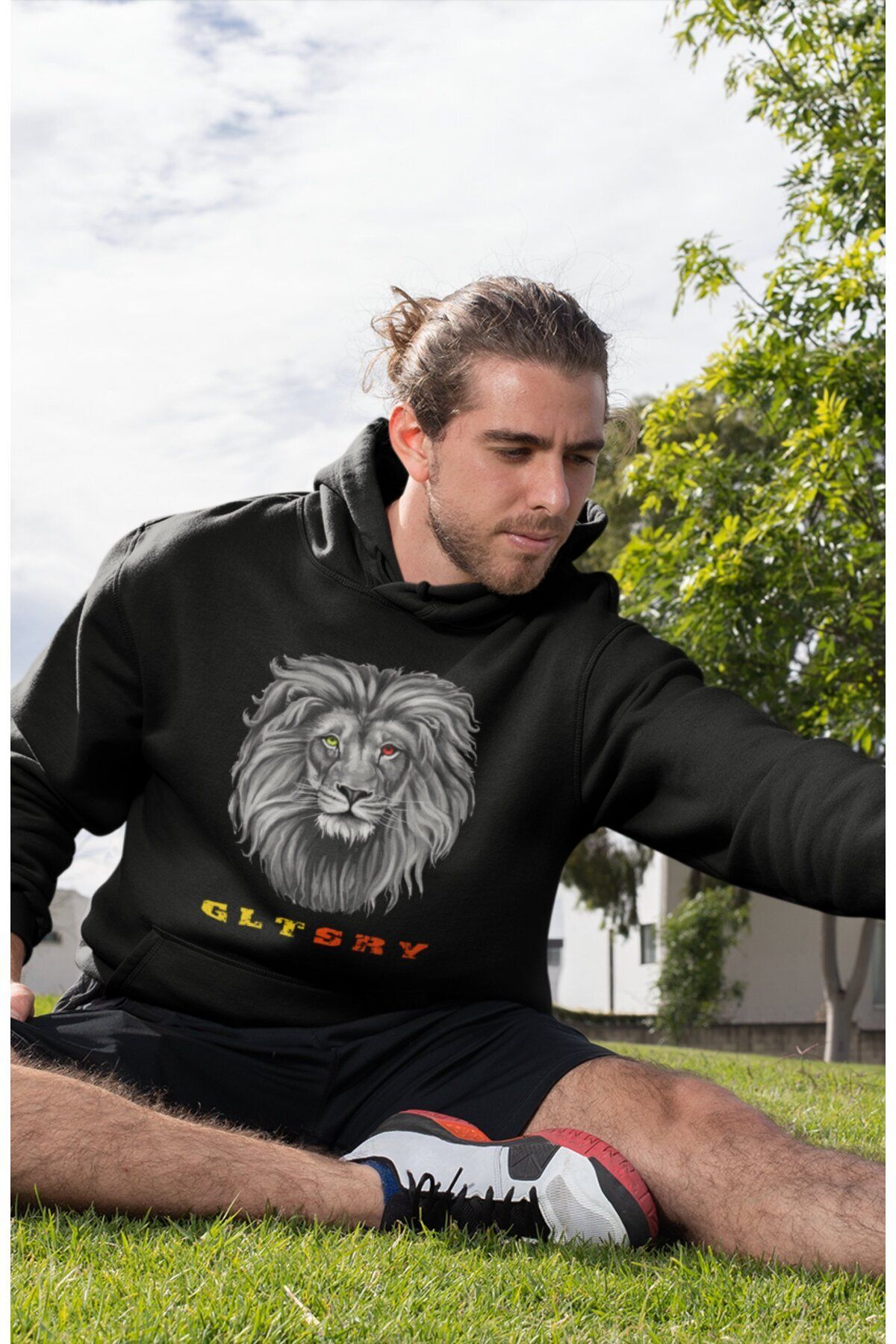 Fuddy Moda Yellow Red Eyed Lion Printed Hooded Sweatshirt Unisex