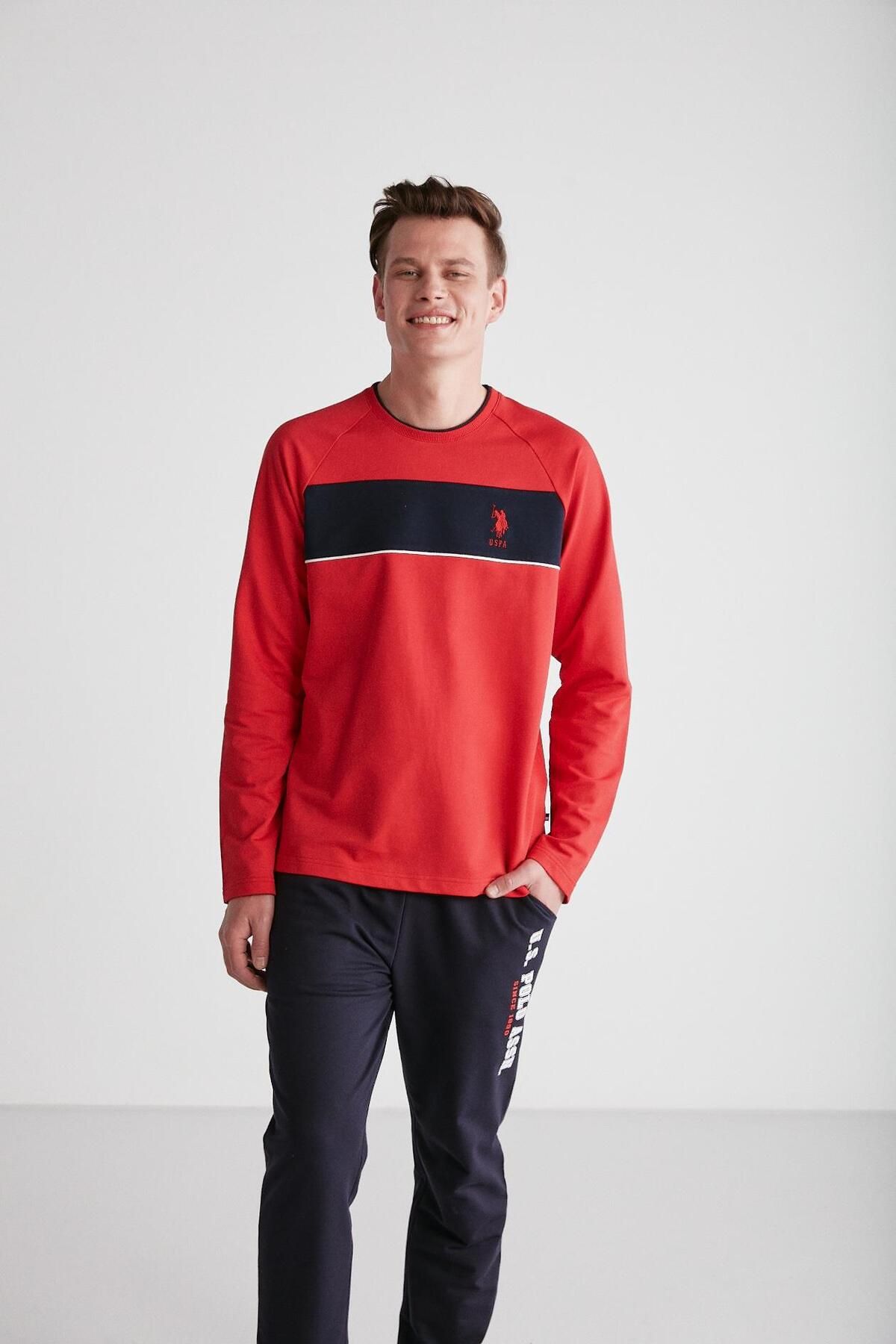 ست پیژامه قرمز مردانه لباس خواب یقه گرد U.S. Polo Assn.