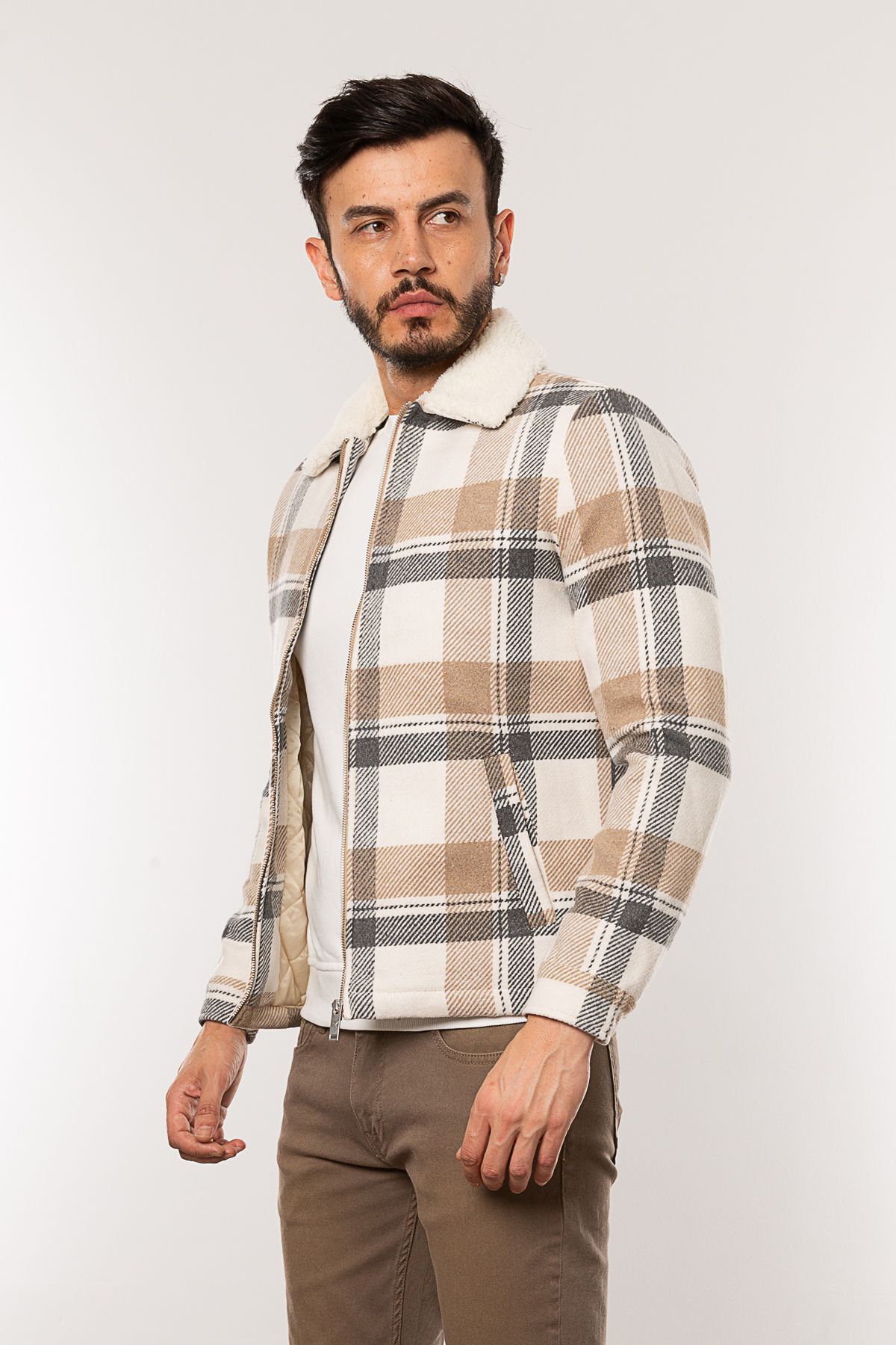 Mens plaid coat outlet with fur collar