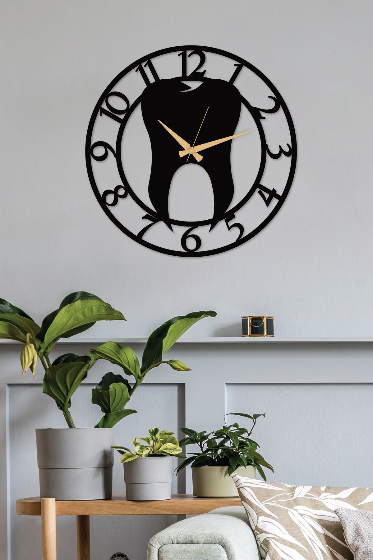 Gowpenart Dentist металлические черные настенные часы с цифрами - Часы для дома/офиса - Подарочные часы - 50 x 50 см DisHekimiRakDS50