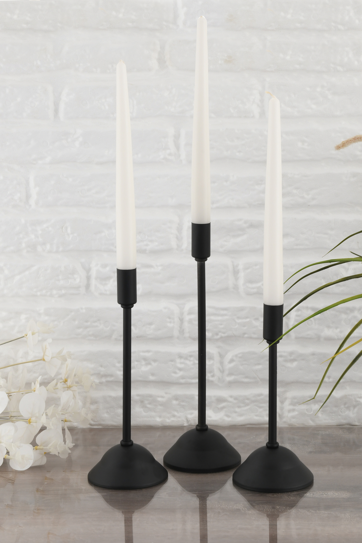 TR Turan Collection Defne 3'lü Şamdan Siyah Kaplama Metal Mumluk Şamdan Seti