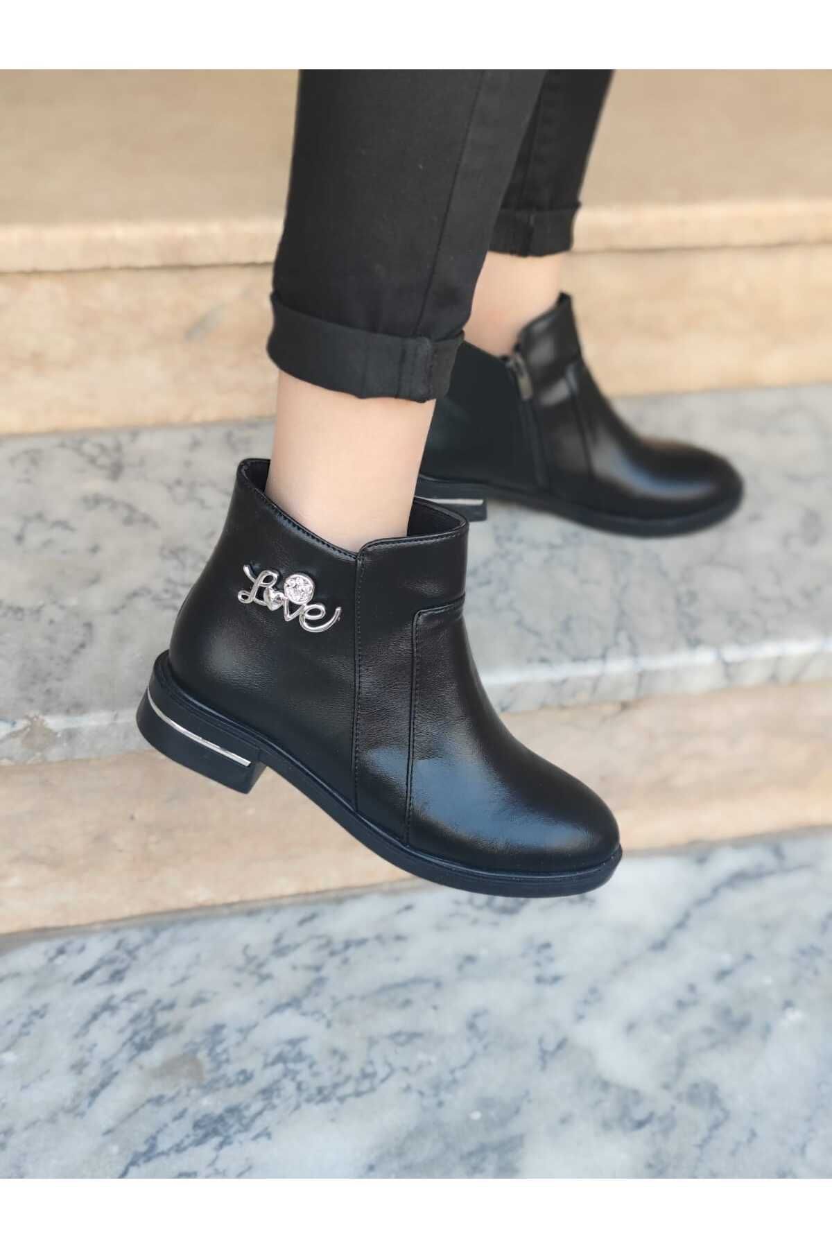 Weynes-Black Love Zippered Half Winter Boots - Flat Sole Wsb0306 2