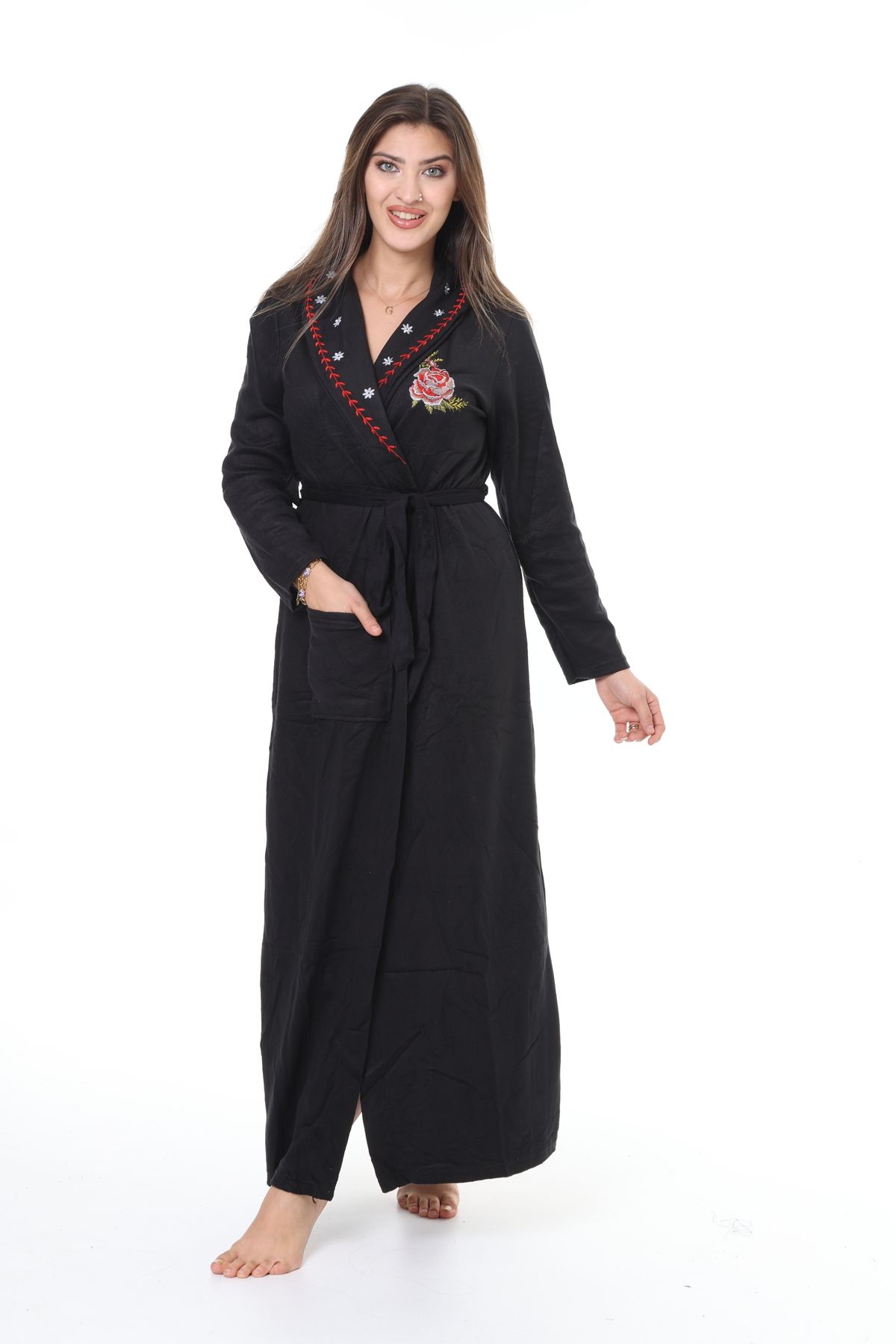 mervemoda-Rochie de damă din lână neagră lungime lungă Rochie de înaltă calitate, cu evaciuri 3