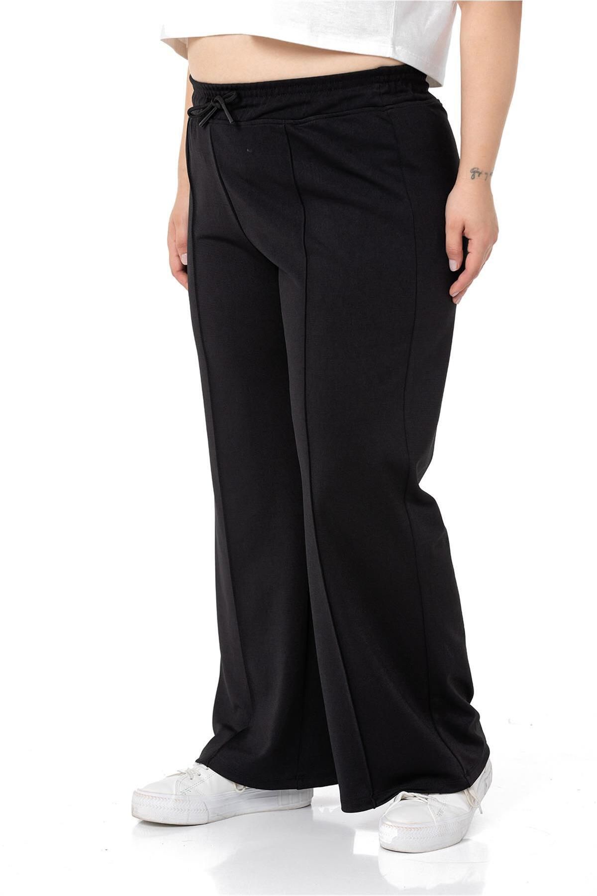 DISENTIS MODEST-Large Size Elastic Waist and Rope Drawstring Ribbed Stitching Wide Leg Black Trousers 5