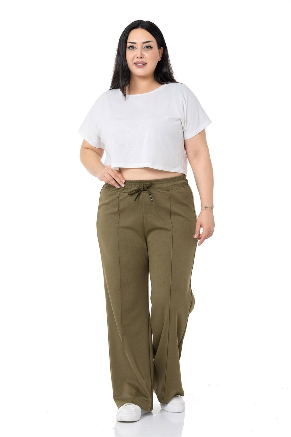 DISENTIS MODEST-Large Size Elastic Waist and Rope Drawstring Ribbed Stitching Wide Leg Khaki Trousers 4