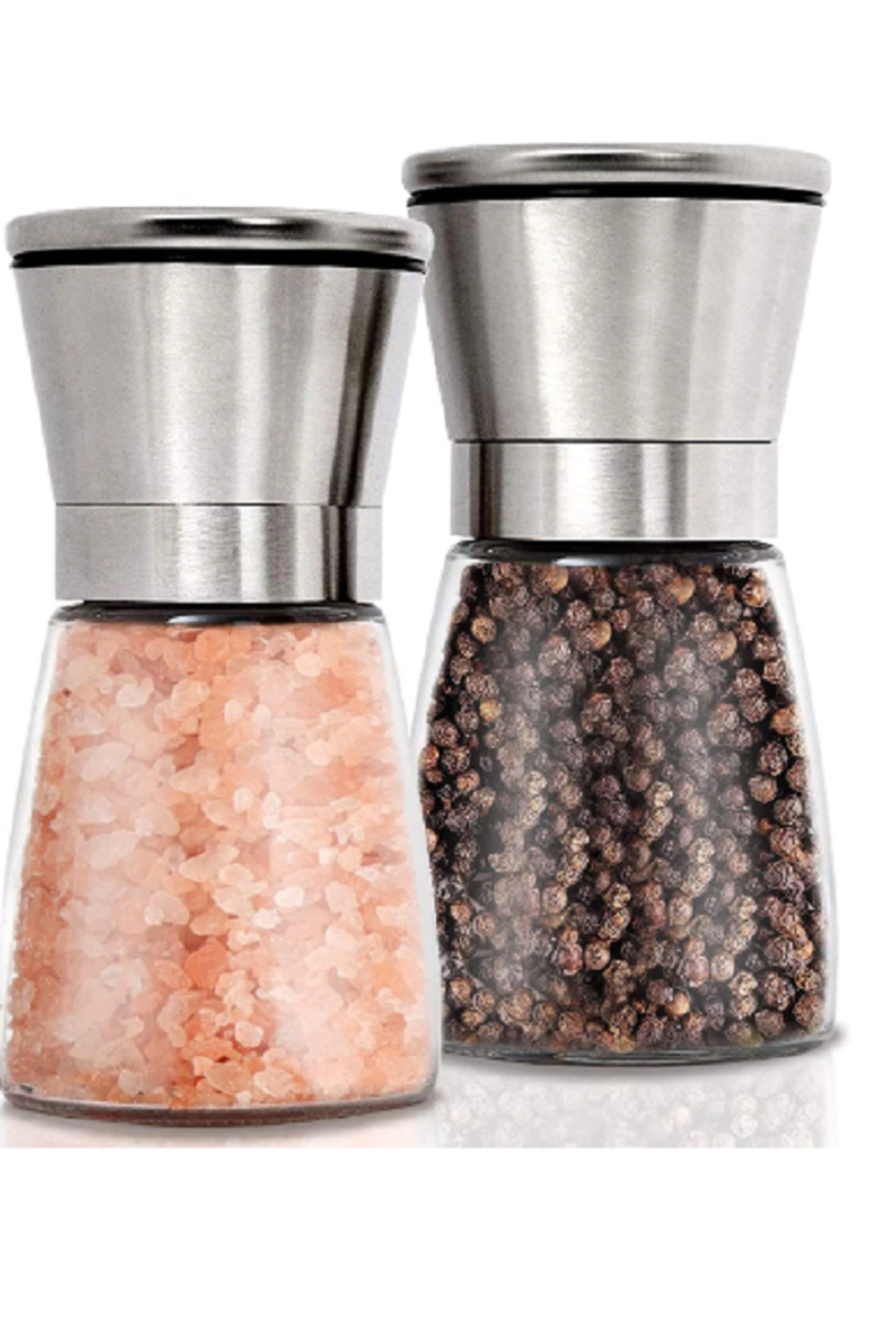 BGMUTFAK 2 Li Tuz Karabiber Değirmeni Paslanmaz Çelik Kapaklı Cam Gövdeli Öğütücü 10 Cm