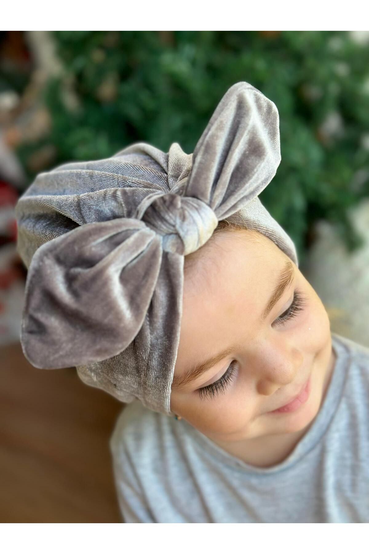 QUEEN AKSESUAR-Luxury velvet female child wire-knot adjustable bow hair cap scarf grey 2
