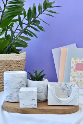 Bi' Dolu Dükkan (GRİ) Mermer Desenli Beşli Ofis Seti | Masaüstü Organizer