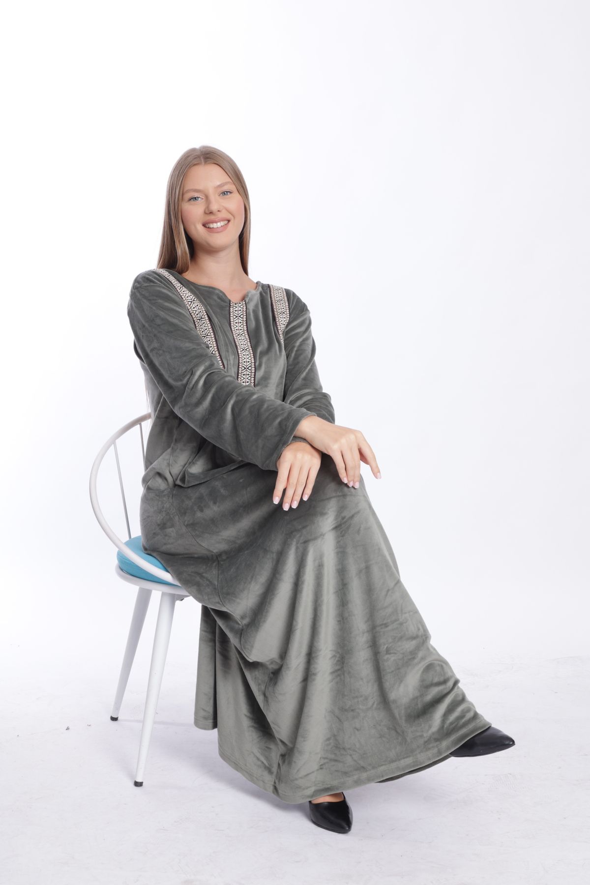 mervemoda-Anthracite Colored Velvet Women's Long Dress 2