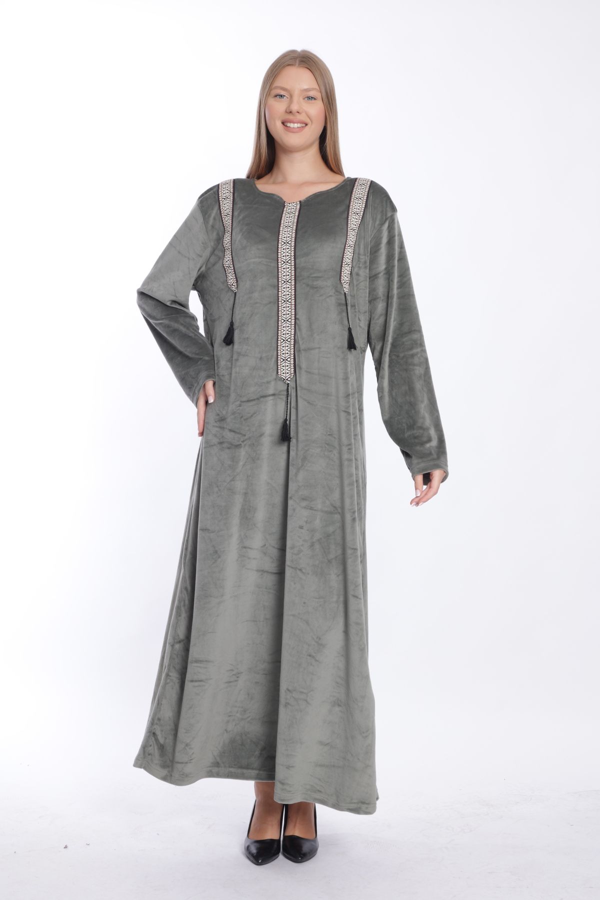 mervemoda-Anthracite Colored Velvet Women's Long Dress 4
