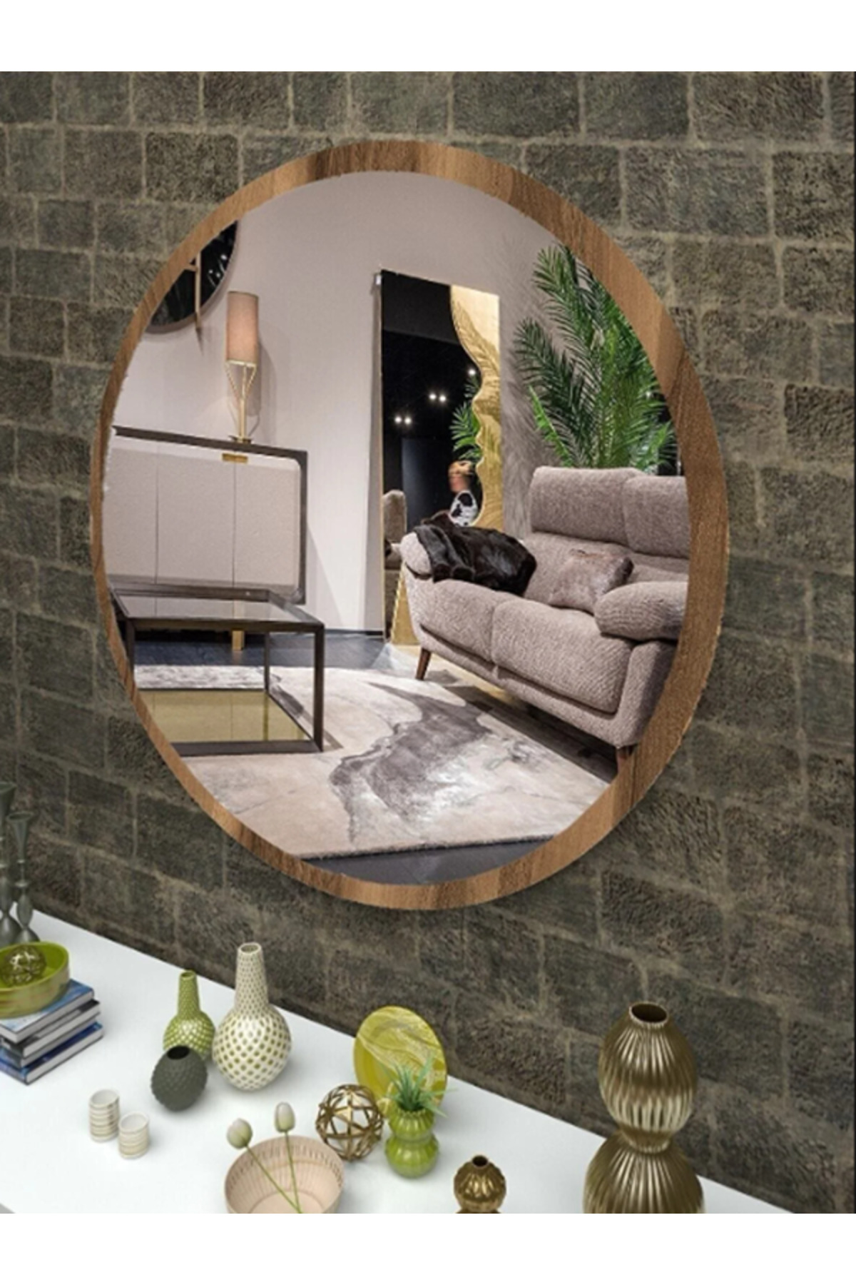 Dekoratif Koyu Ceviz Duvar Aynası Wc Hol Antre Oda Konsol Aynası 59 Cm