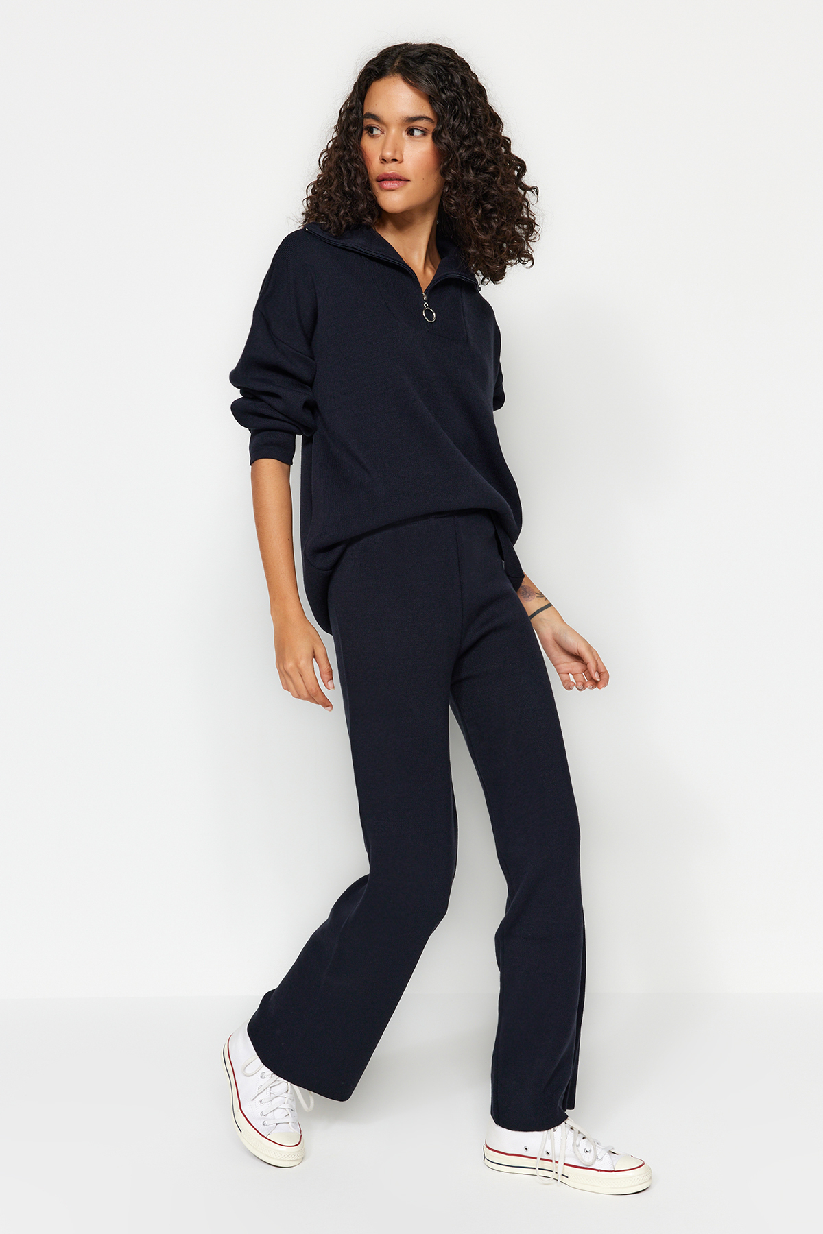 Trendyol Collection Široký střih námořnické modré sady pletenin - Detailní zip TWOAW24AU00026