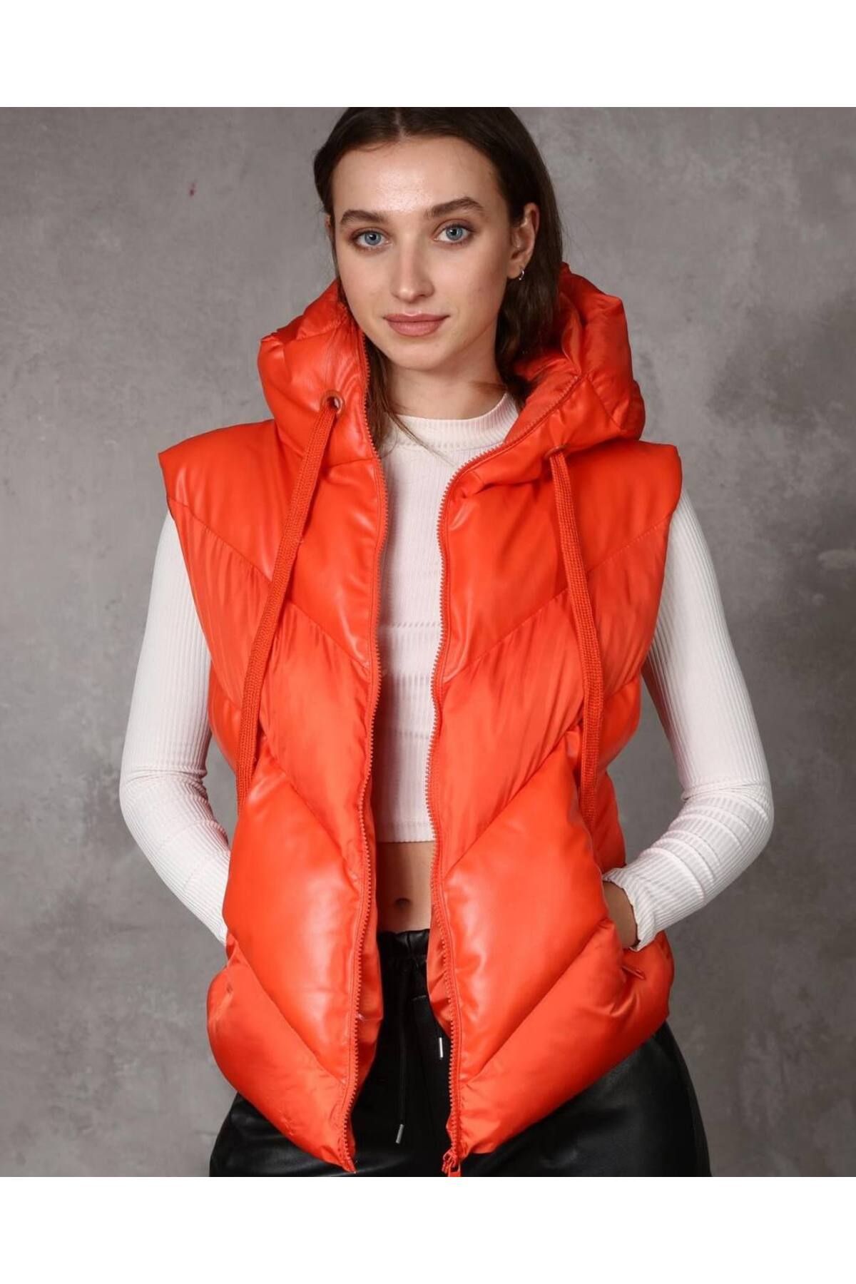 anonim-Orange Hooded Puffer Vest - Winter Trend 1