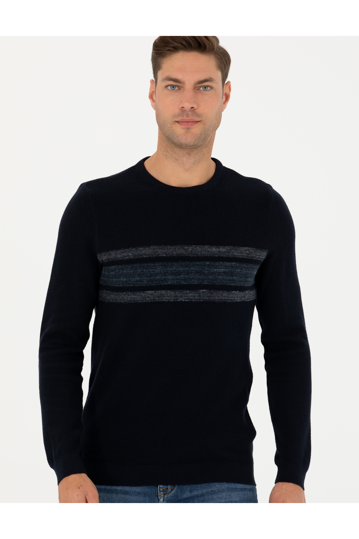 پلیور پیر کاردین مردانه اکریلیک - پنبه آبی سرمه ای لایسنس دار- تحت لیسانس راه راه Slim Fit/اسلیم فیت    Regular/رگولار کژوال/روزمره | Pierre Cardin G021SZ0TK.000.1657735 - تصویر 3