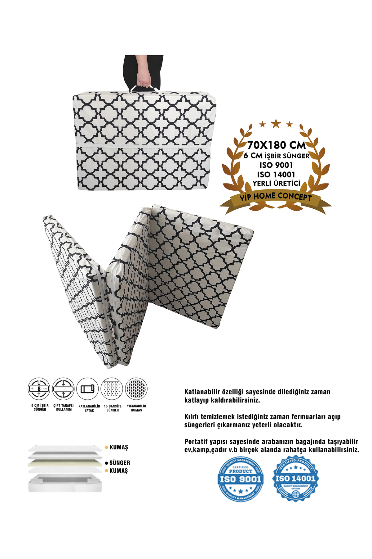 Vip Home Concept Market Ürünleri Katlanır Yatak Yer Yatağı Sünger Yatak (70x180x6cm)alaçatı Fermuarlı