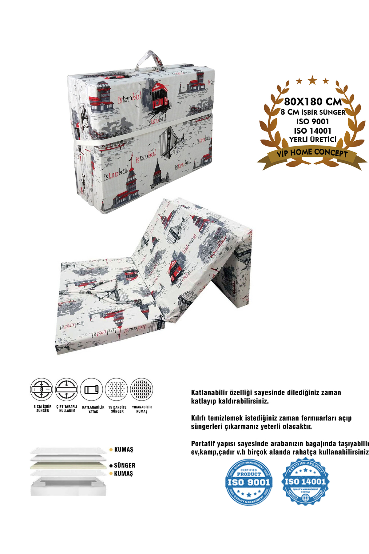 Folding Floor Mattress Sponge Mattress 80x180 Cm Istanbul 8 Cm