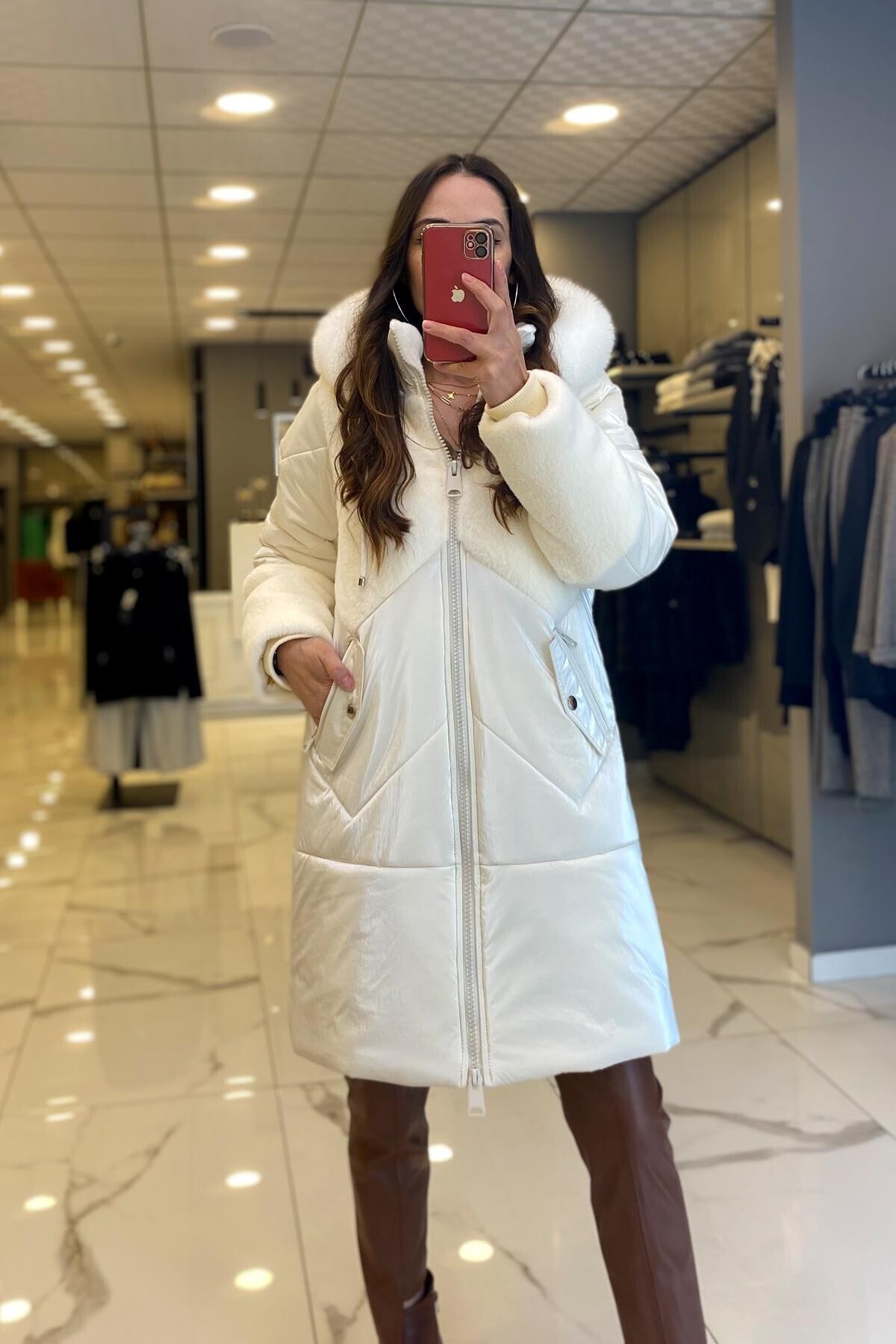 Ekol Ecru Hooded Fur Detailed Zippered Puffer Coat