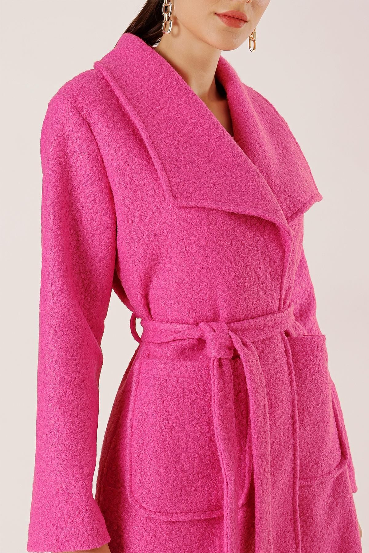 By Sayg Belted Waist Bag Pocket Lined Felt Boucle Coat Trendyol