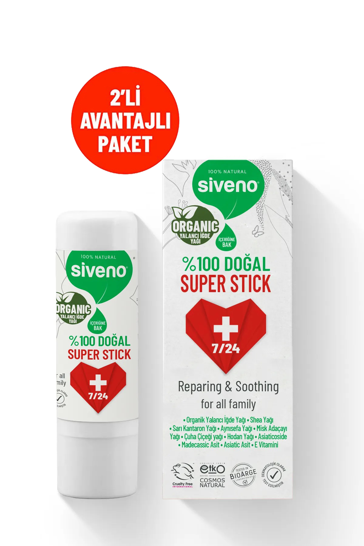 Siveno %100 Doğal Super Stick Anlık Yatıştırıcı Onarıcı Organik Yalancı Iğde Yağlı 6 G x 2 Adet