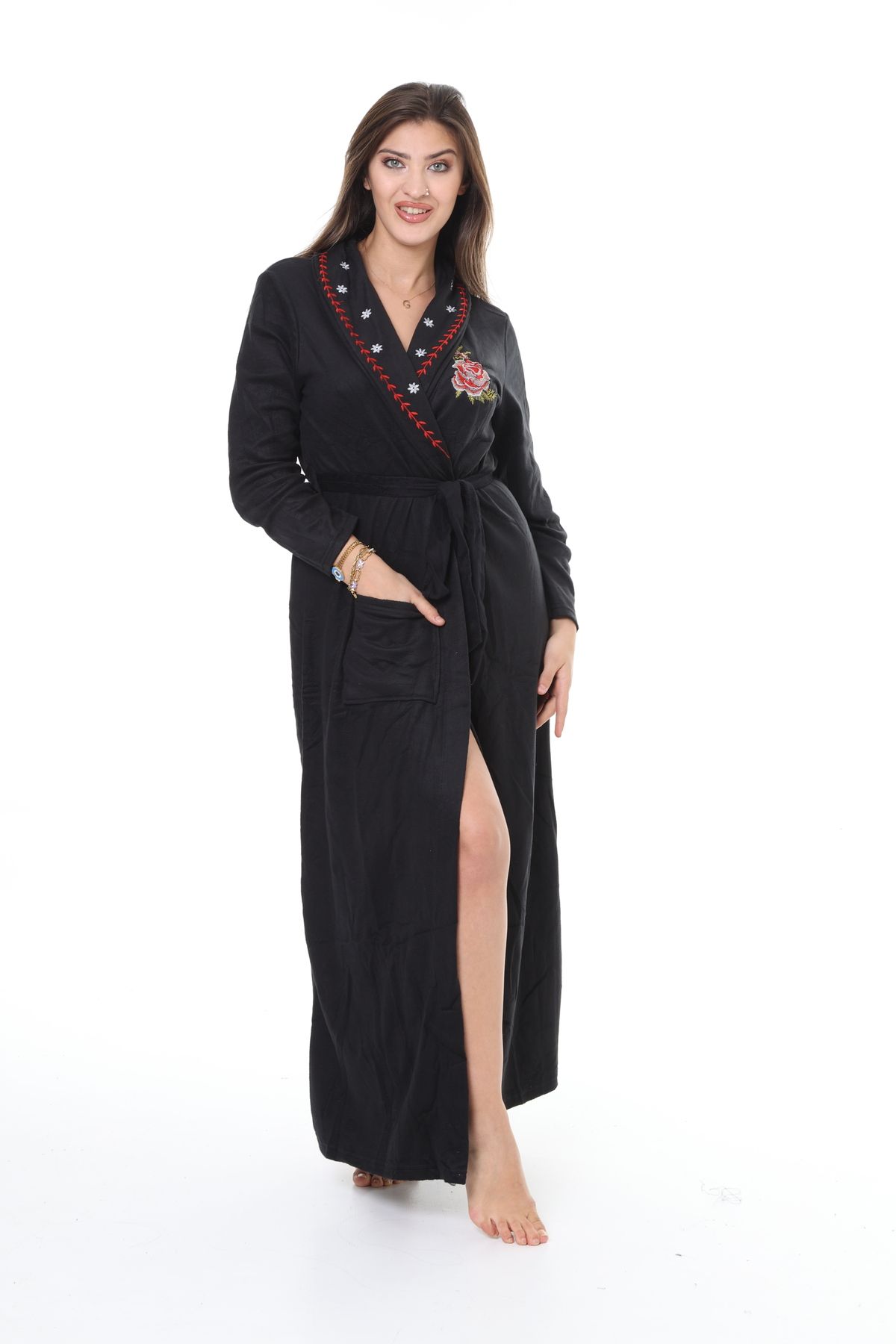 mervemoda-Rochie de damă din lână neagră lungime lungă Rochie de înaltă calitate, cu evaciuri 4