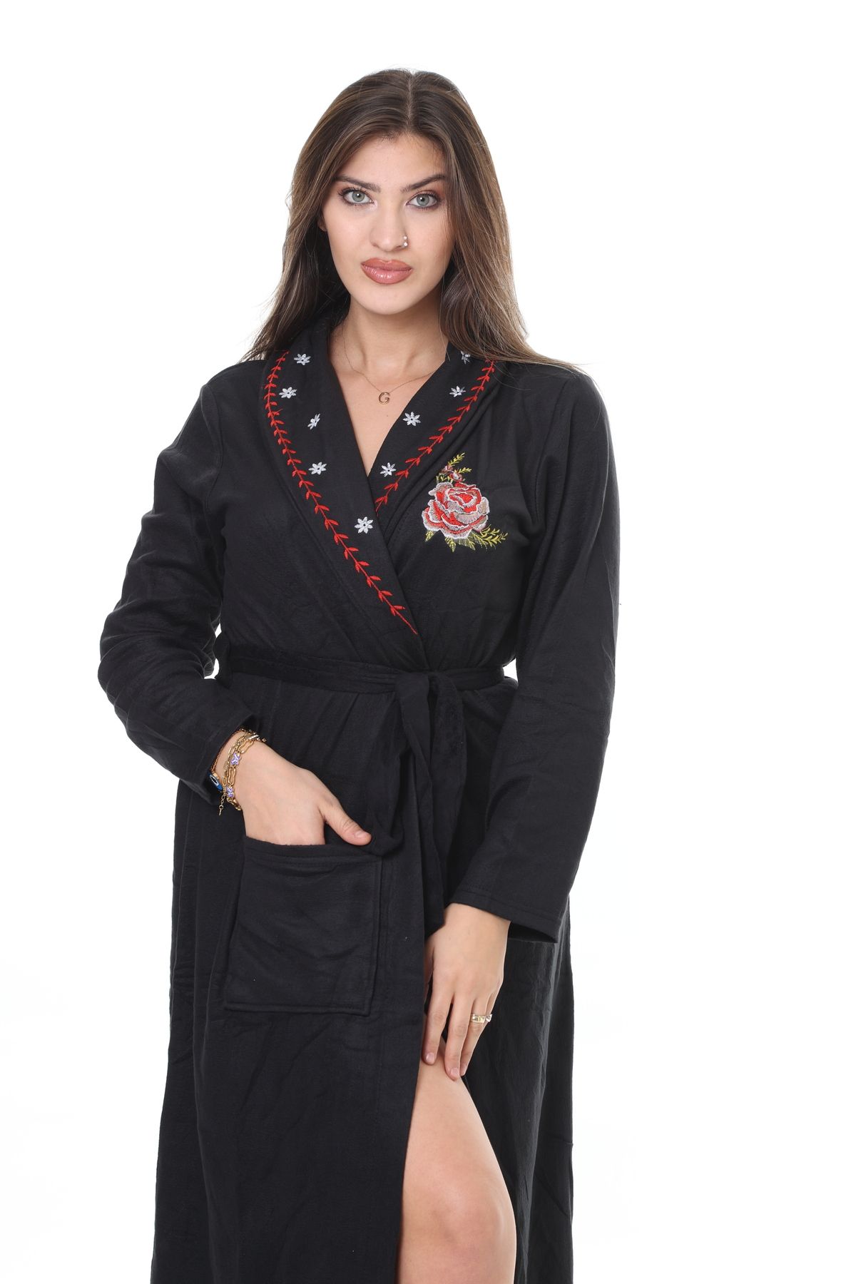 mervemoda-Rochie de damă din lână neagră lungime lungă Rochie de înaltă calitate, cu evaciuri 5