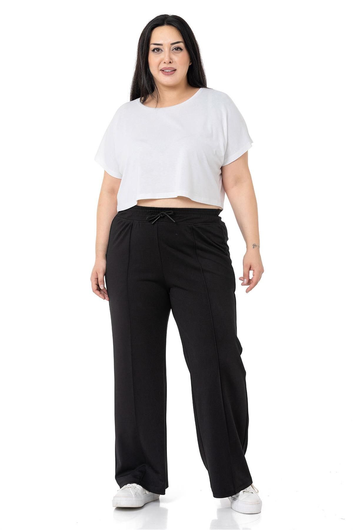 DISENTIS MODEST-Large Size Elastic Waist and Rope Drawstring Ribbed Stitching Wide Leg Black Trousers 2