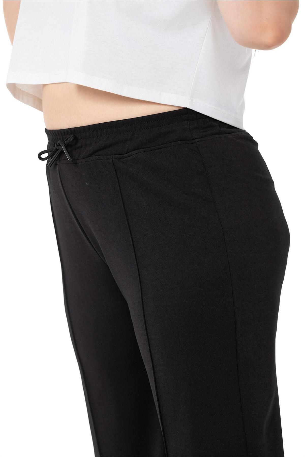 DISENTIS MODEST-Large Size Elastic Waist and Rope Drawstring Ribbed Stitching Wide Leg Black Trousers 4