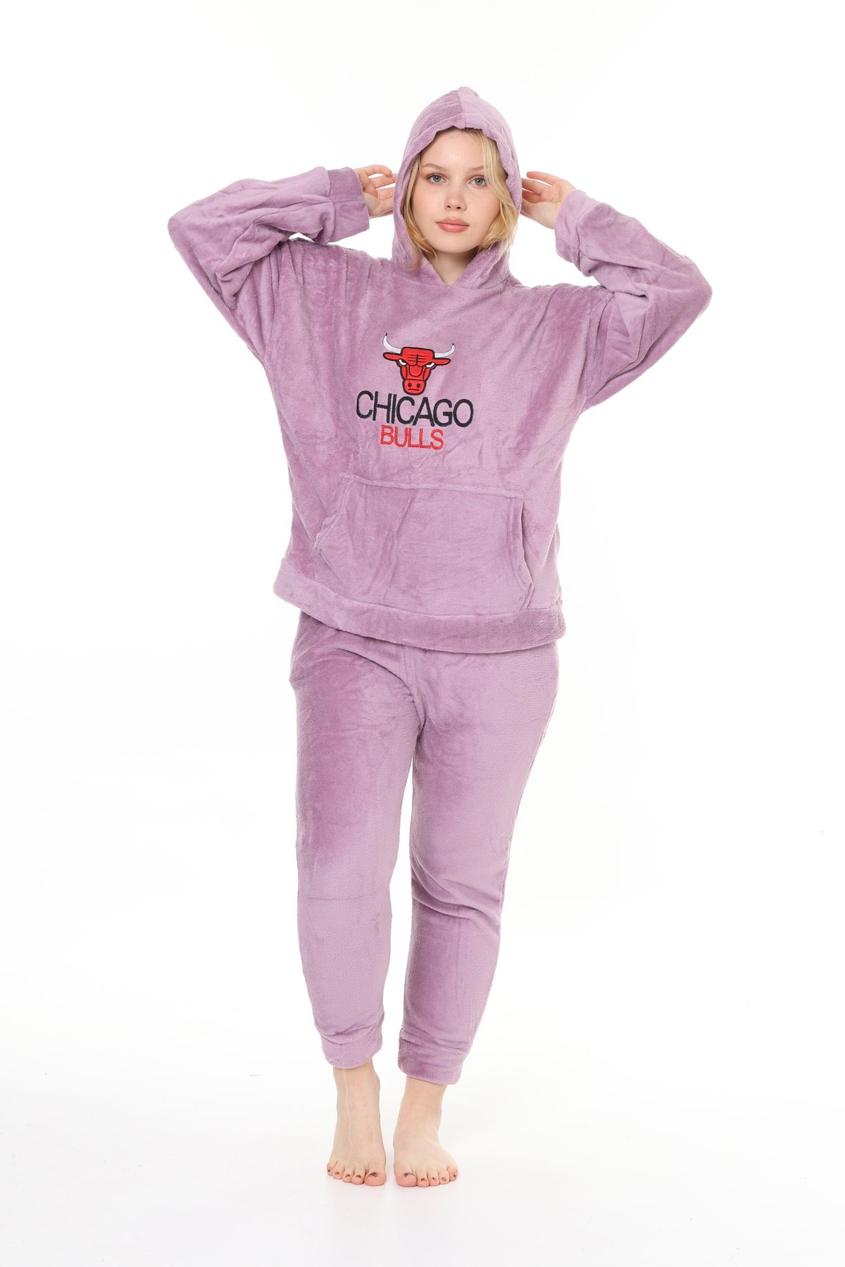 mervemoda-Γυναικεία φόρμα διπλής φόρμας Lila welsoft με κουκούλα με απαλή υφή μπροστινό κέντημα 5