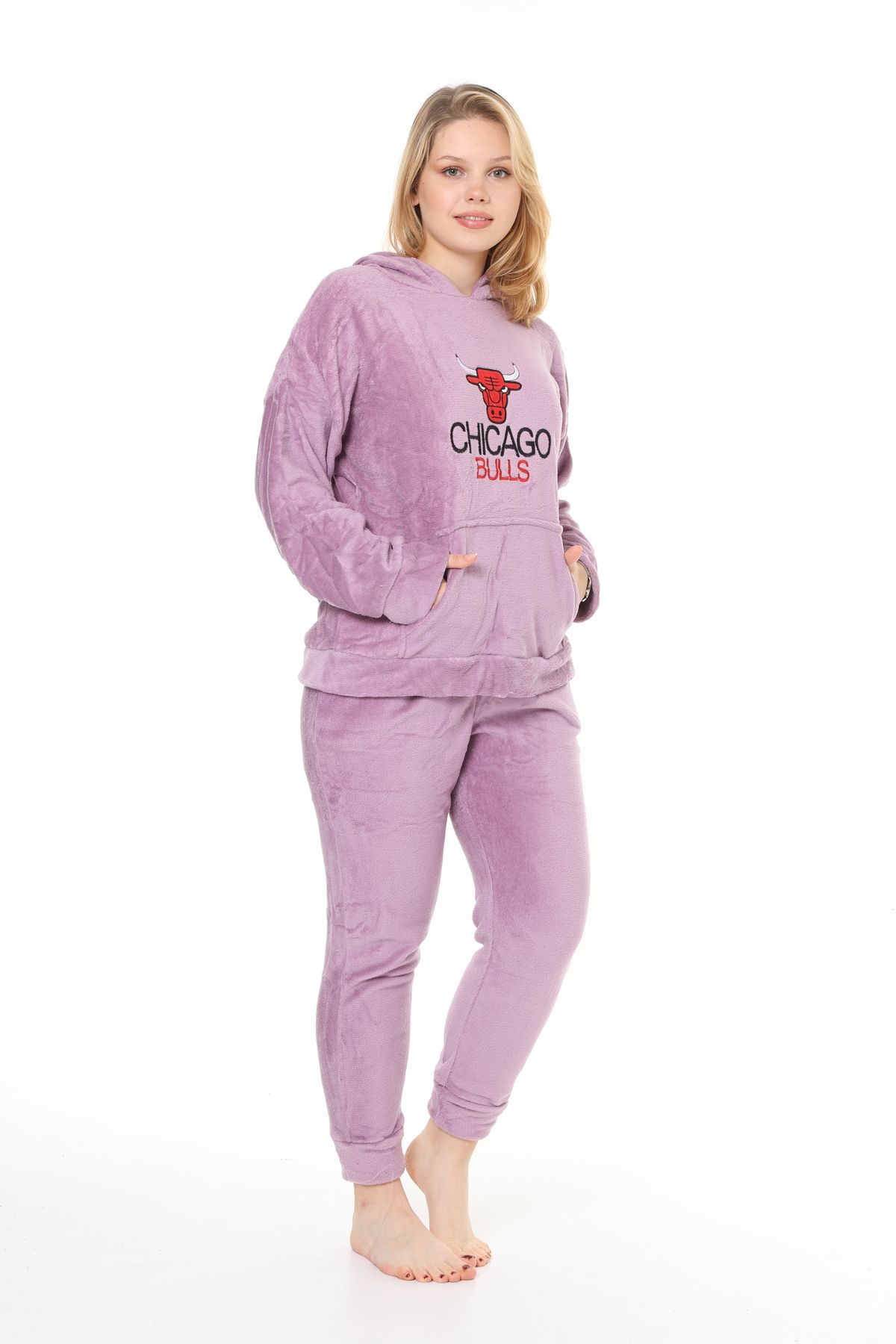 mervemoda-Γυναικεία φόρμα διπλής φόρμας Lila welsoft με κουκούλα με απαλή υφή μπροστινό κέντημα 4