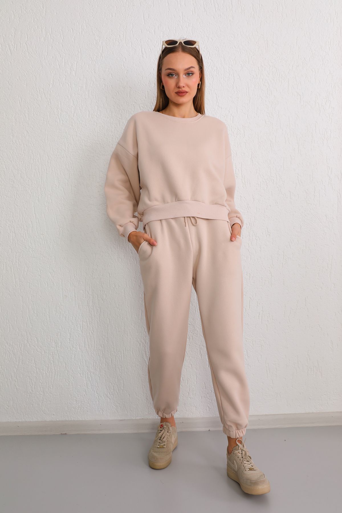 B KEL FE Women s Beige Three Thread Rose Gold Oversize Crop