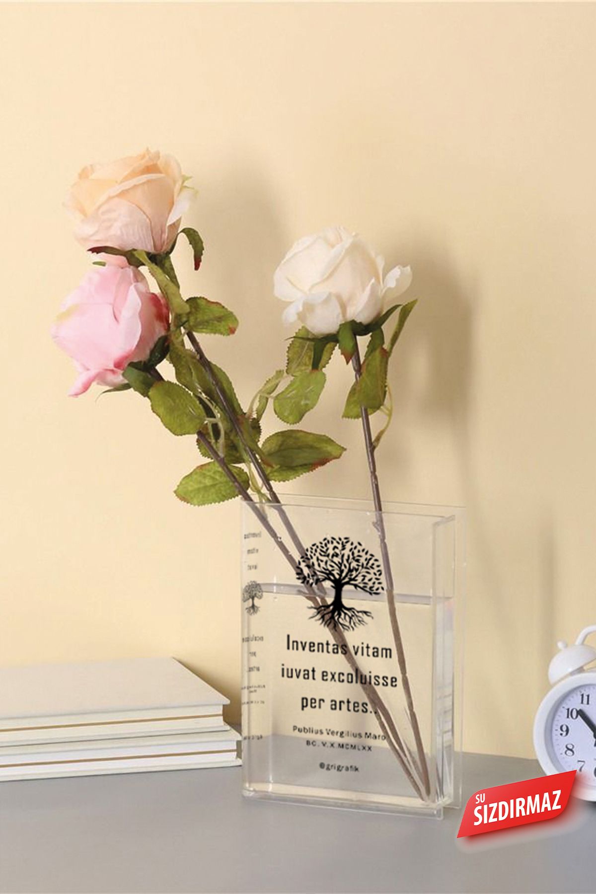 Gri Grafik Design Workshop-Transparent Acrylic Book Vase - Floral Pattern, Desktop Transparent 3