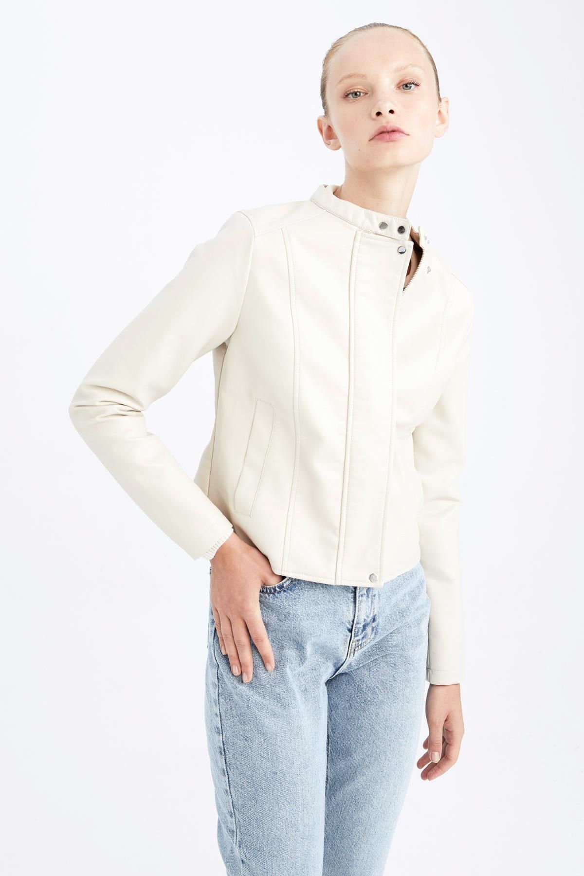 DeFacto-Water Repellent Faux Leather Biker Jacket 4