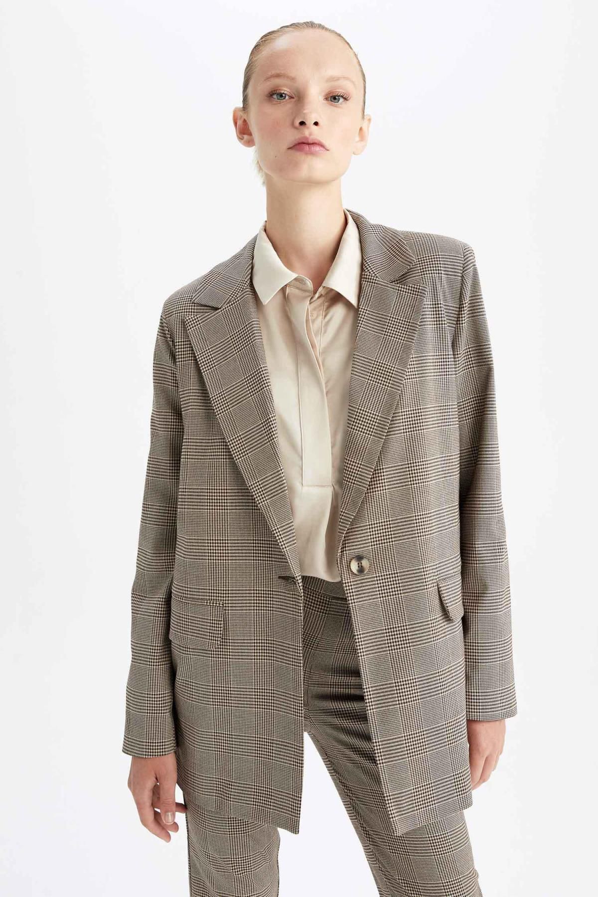 DeFacto-Regular Fit Checkered Single Button Blazer Jacket 5