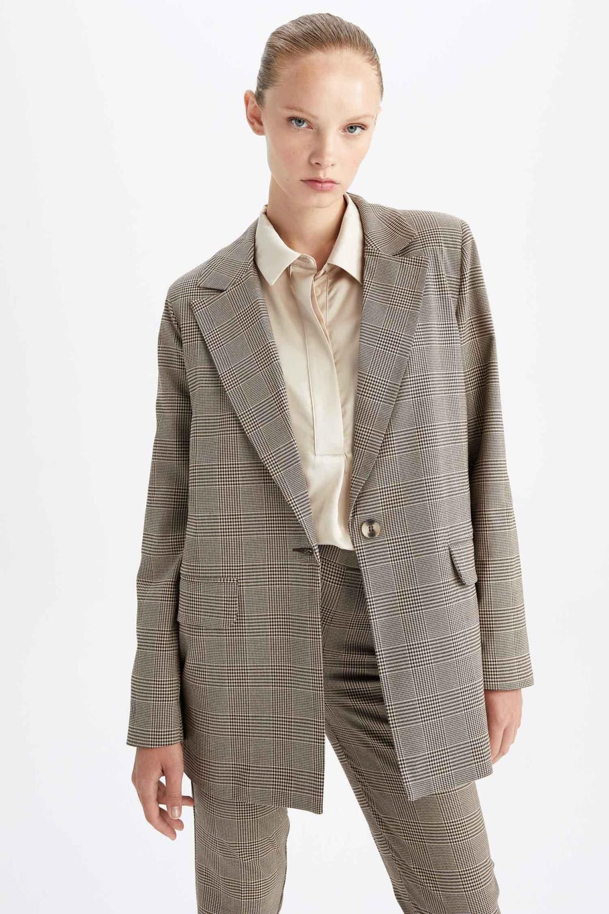 DeFacto-Regular Fit Checkered Single Button Blazer Jacket 3