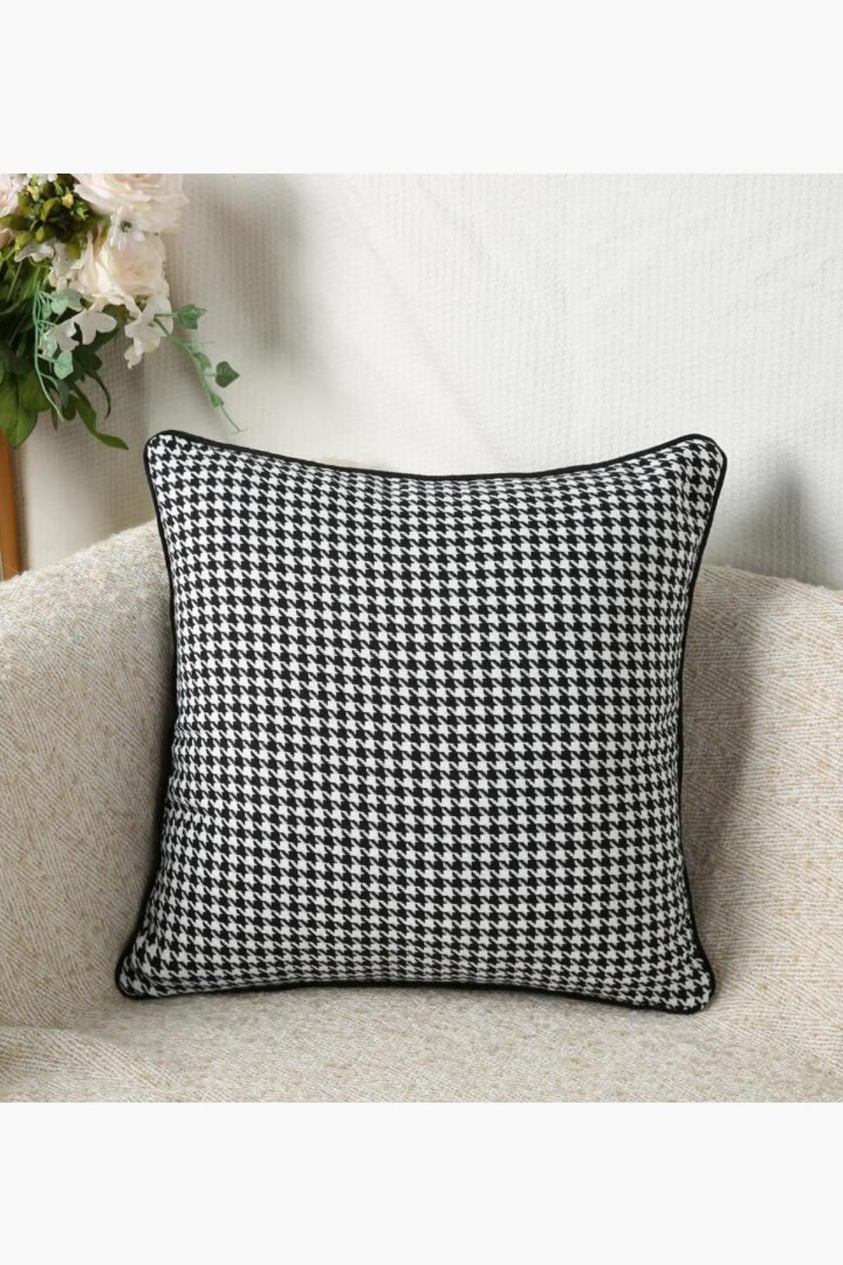 Bc Home Houndstooth Black Edge Piping Square Throw Pillow Cover 43 x 43 cm Soft Textured Scandinavian New Year Trendyol