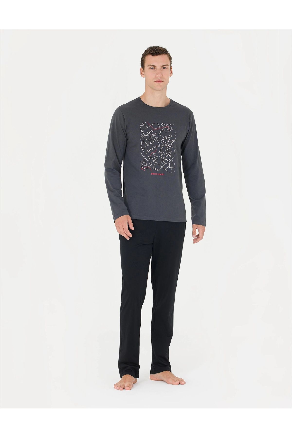 ست پیژامه خاکستری مردانه لباس خواب آستین بلند نخی 100 CARDIN 6030 Pierre Cardin