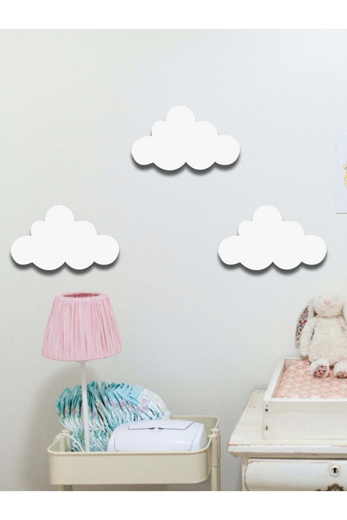 Olur o zaman 3 Adet Beyaz Renk Bulut Figürlü Çocuk Odası Dekoratif Ahşap