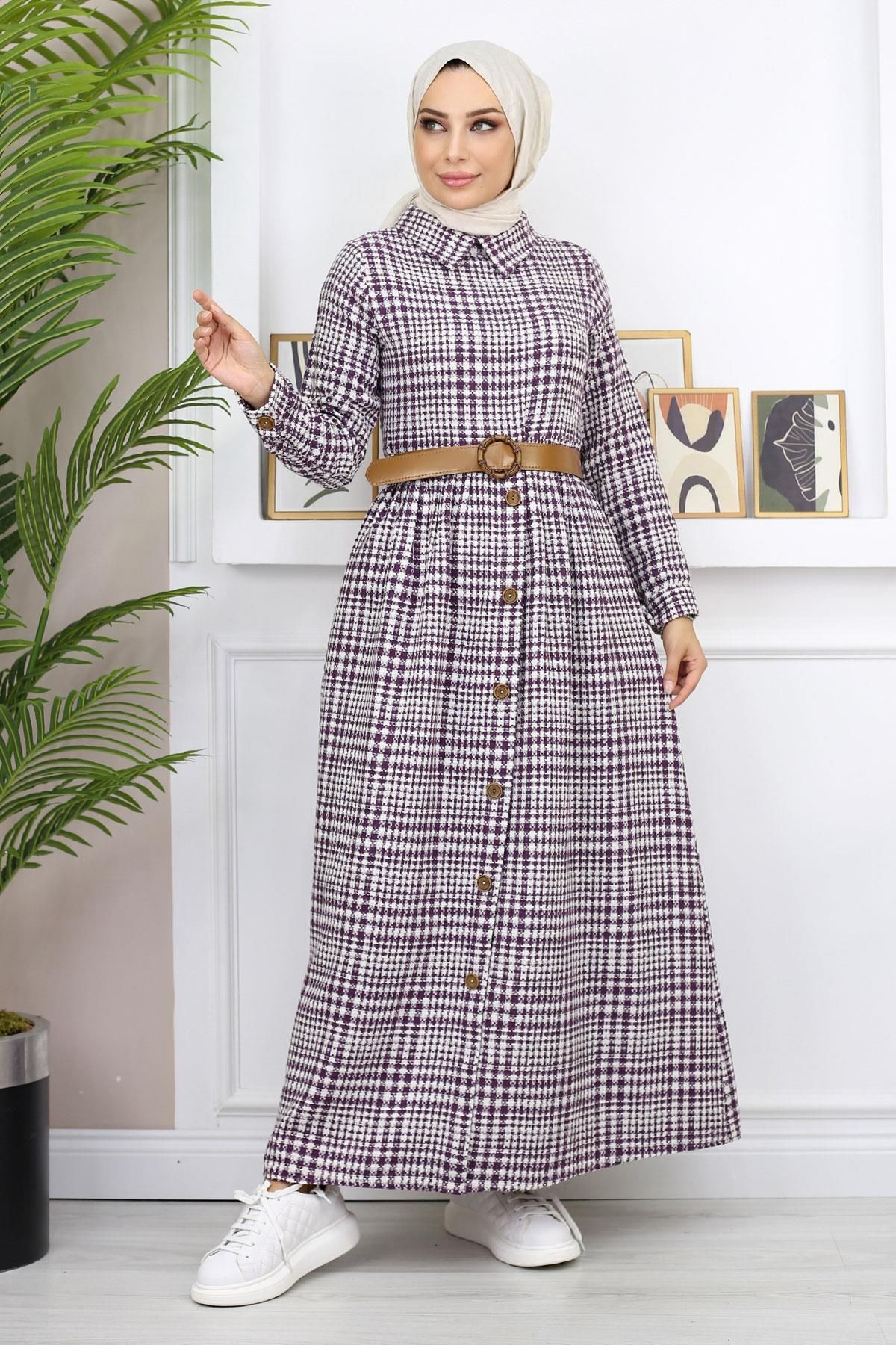 Modamihram-Button Detailed Dress Plum 19166 4