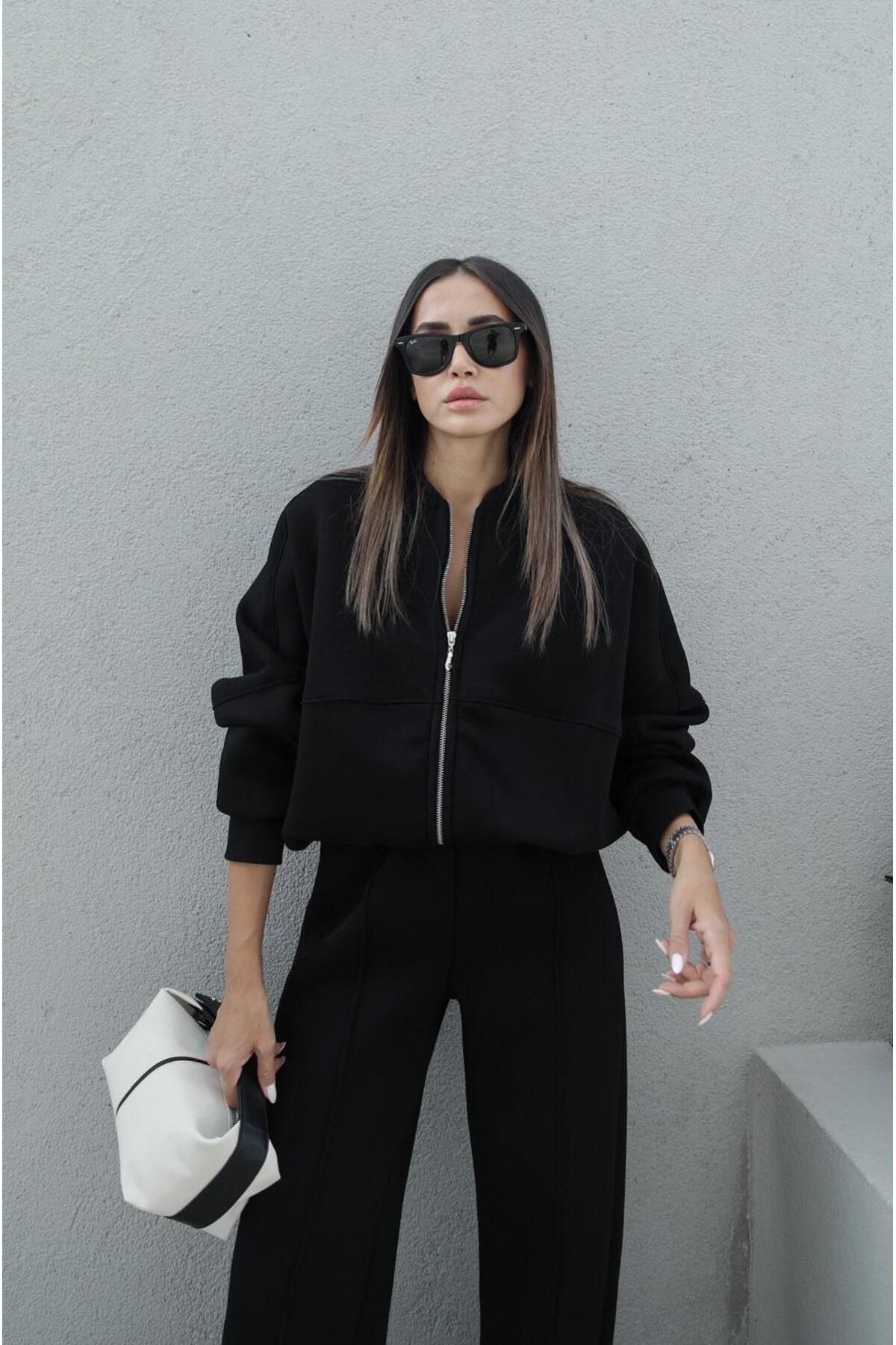manana fashion Fleece oversize Black Bomber Jacket Tracksuit Set