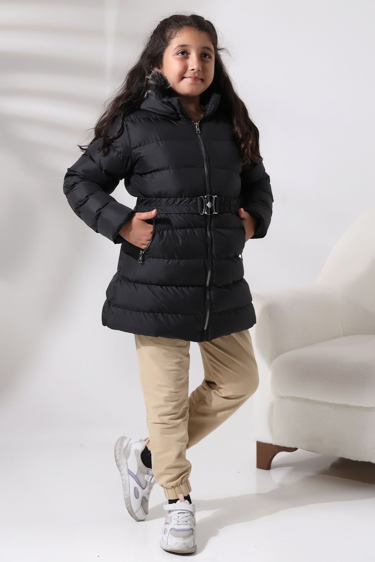TALS MODA SİYAH İÇİ POLARLI KEMER DETAYLI KIZ ÇOCUK MONTU