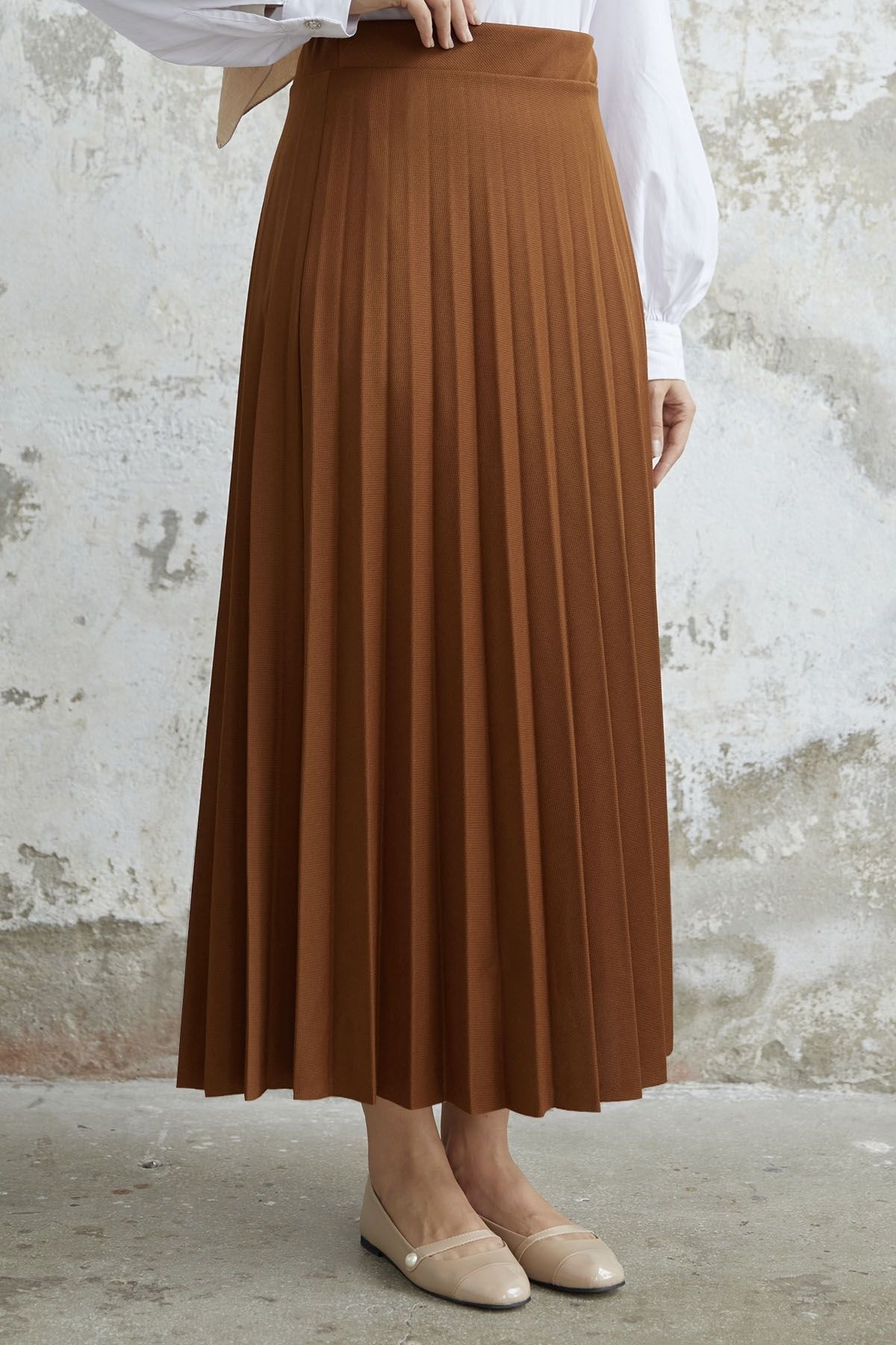 InStyle Luisa Waist Elastic Pleated Skirt Tan Trendyol