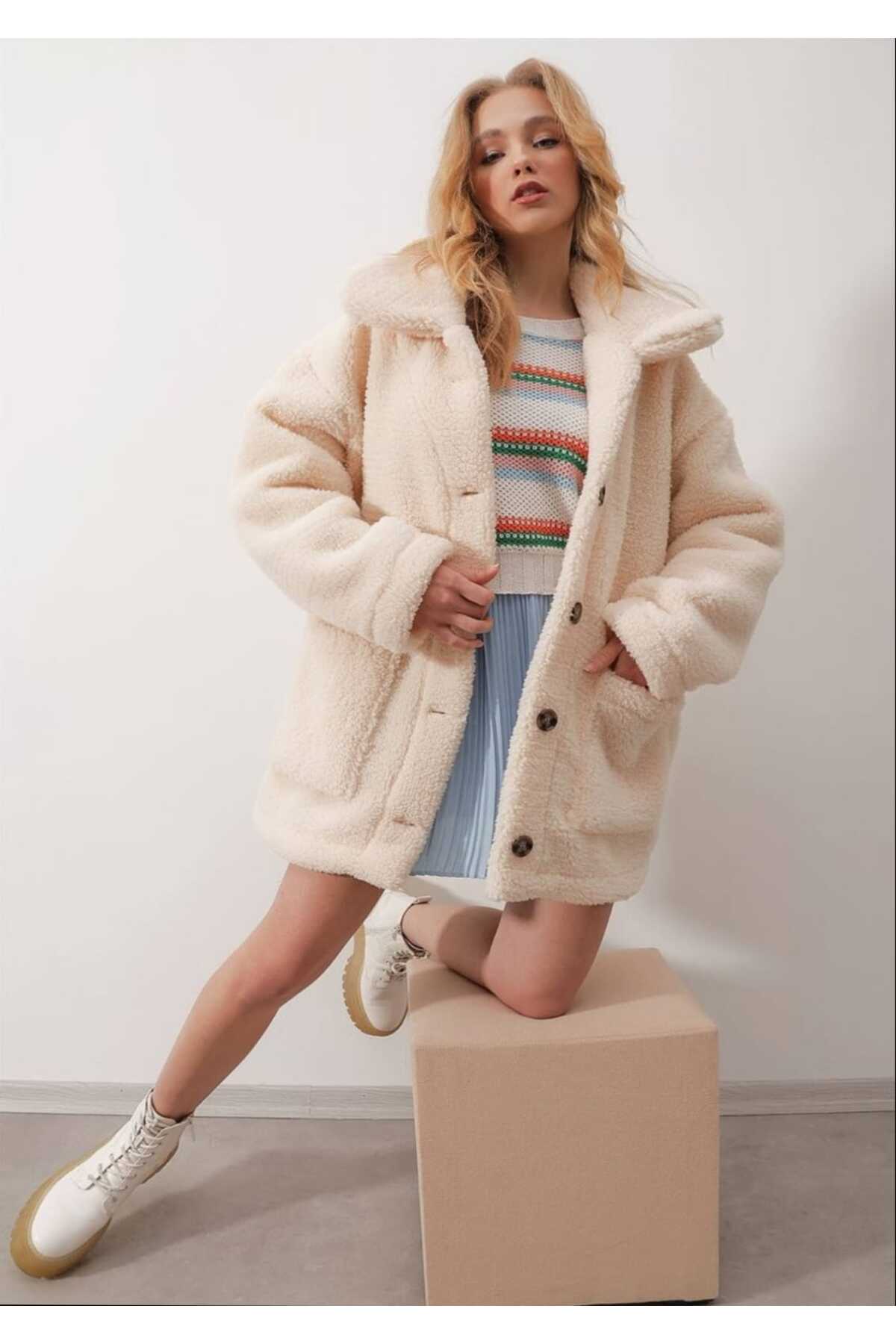 Plush Pearl White welsoft Coat for Women