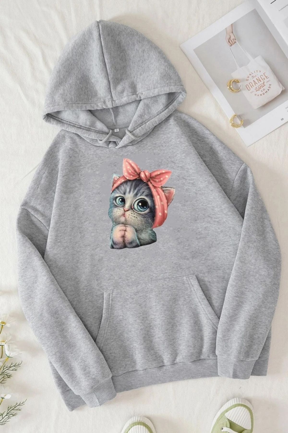 PALP TO Women s Gray Cute Cat Printed Hooded Hoodie Sweatshirt