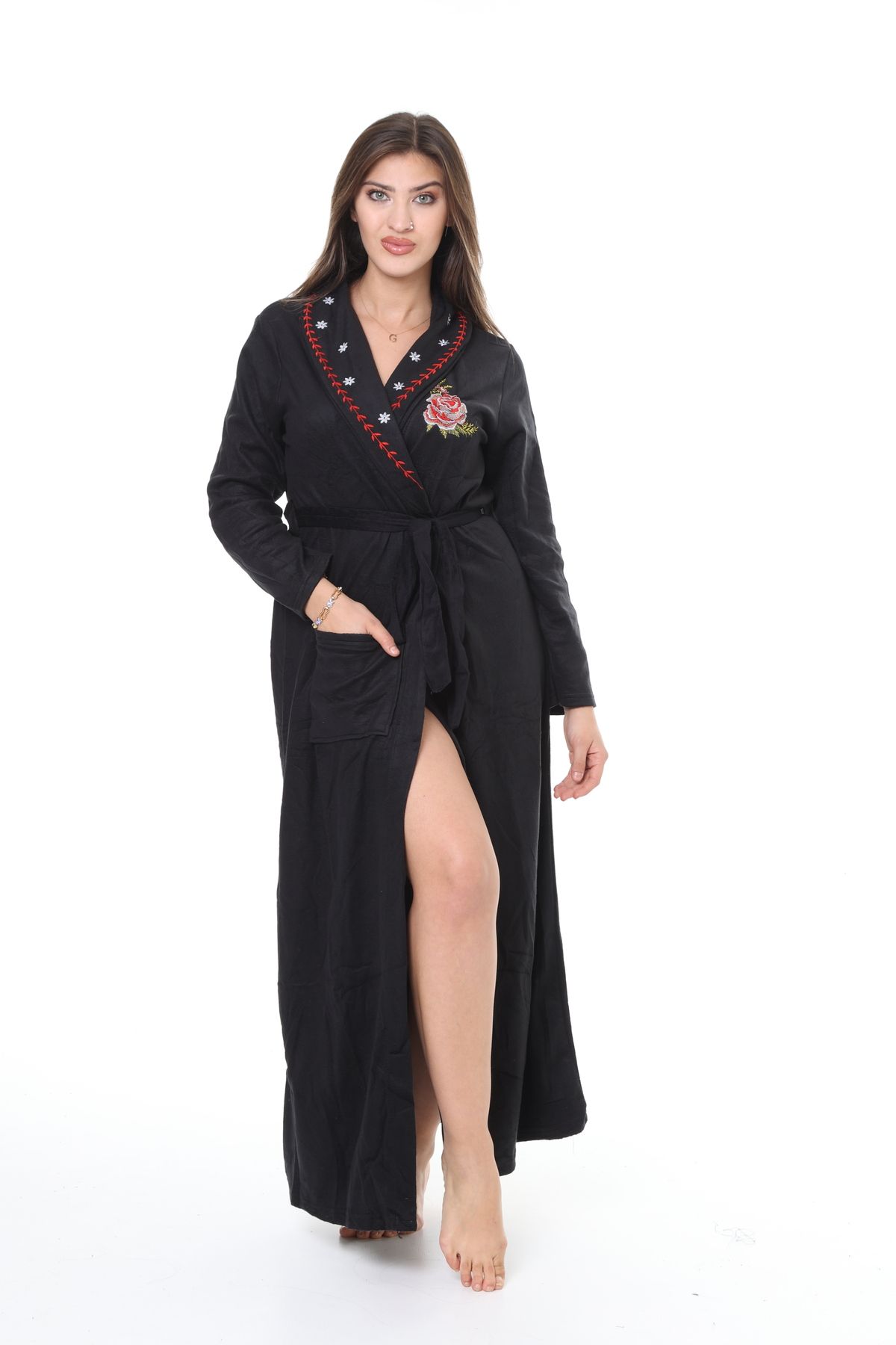 mervemoda-Rochie de damă din lână neagră lungime lungă Rochie de înaltă calitate, cu evaciuri 2