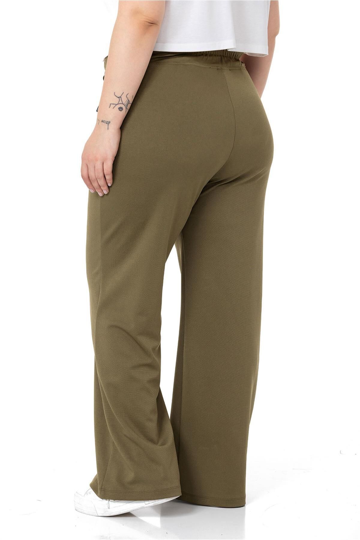DISENTIS MODEST-Large Size Elastic Waist and Rope Drawstring Ribbed Stitching Wide Leg Khaki Trousers 3